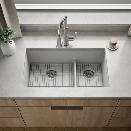 KOHLER K-36749 Billings 32-1/2" Undermount Double-bowl Kitchen Sink, Matte White - Shows close up detail of product in room