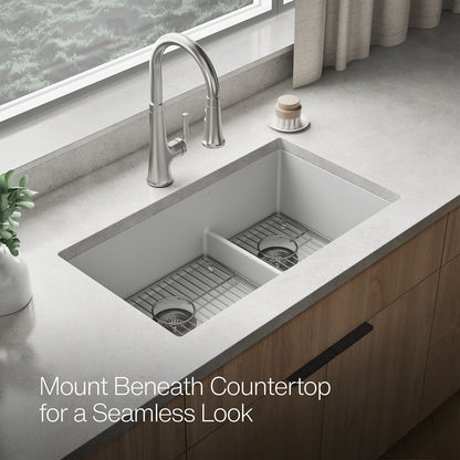 KOHLER K-36749 Billings 32-1/2" Undermount Double-bowl Kitchen Sink, Matte White - image focused on single product story