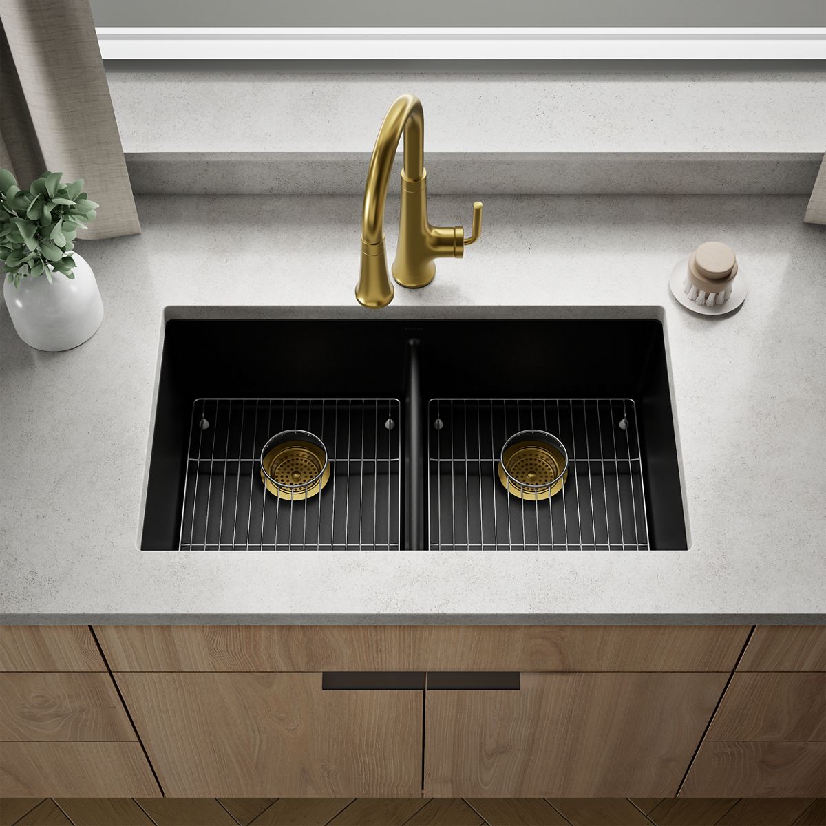 KOHLER K-36750 Billings 32-1/2" Undermount Double-bowl Kitchen Sink, Matte Black - Shows close up detail of product in room