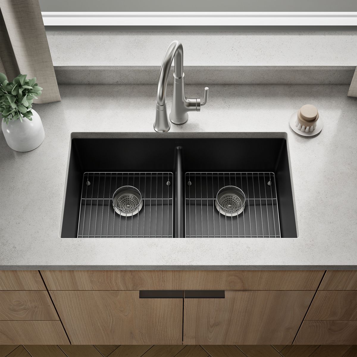 KOHLER K-36750 Billings 32-1/2" Undermount Double-bowl Kitchen Sink, Matte Graphite - Shows close up detail of product in roo