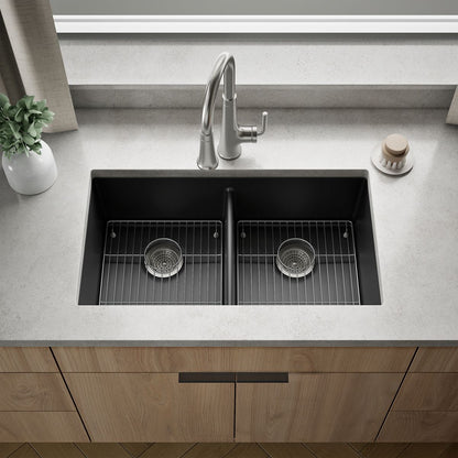 KOHLER K-36750 Billings 32-1/2" Undermount Double-bowl Kitchen Sink, Matte Graphite - Shows close up detail of product in roo