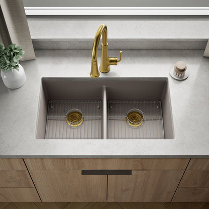 KOHLER K-36750 Billings 32-1/2" Undermount Double-bowl Kitchen Sink, Matte Taupe - Shows close up detail of product in room