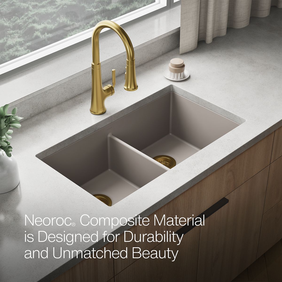 KOHLER K-36750 Billings 32-1/2" Undermount Double-bowl Kitchen Sink, Matte Taupe - Detail image of a product feature