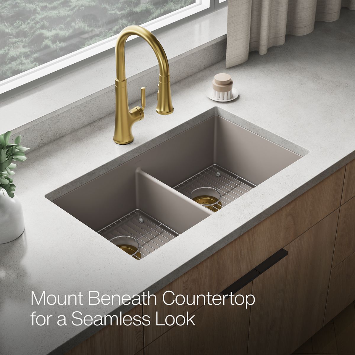 KOHLER K-36750 Billings 32-1/2" Undermount Double-bowl Kitchen Sink, Matte Taupe - image focused on single product story