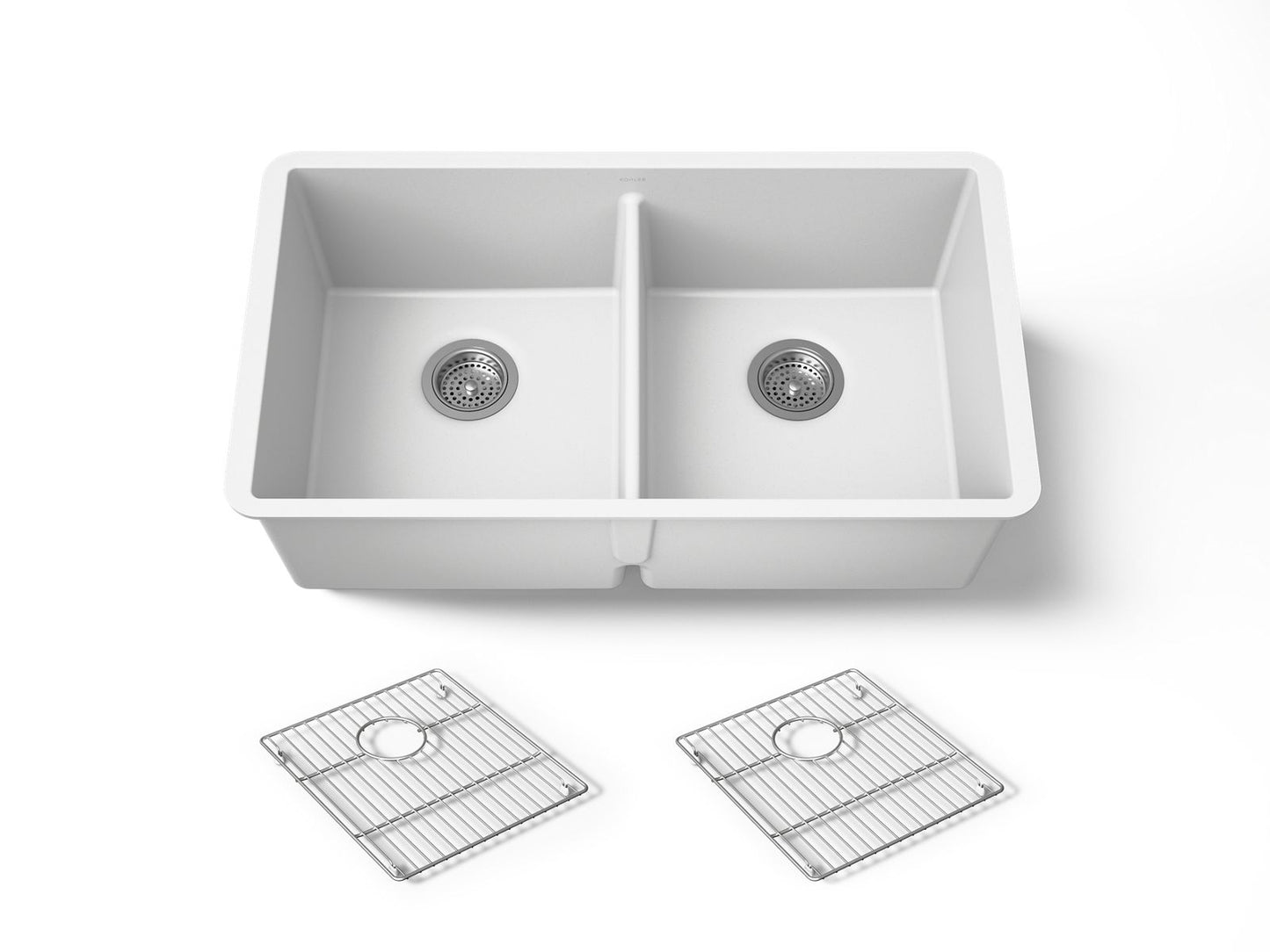 KOHLER K-36750 Billings 32-1/2" Undermount Double-bowl Kitchen Sink, Matte White - 3/4 view of product