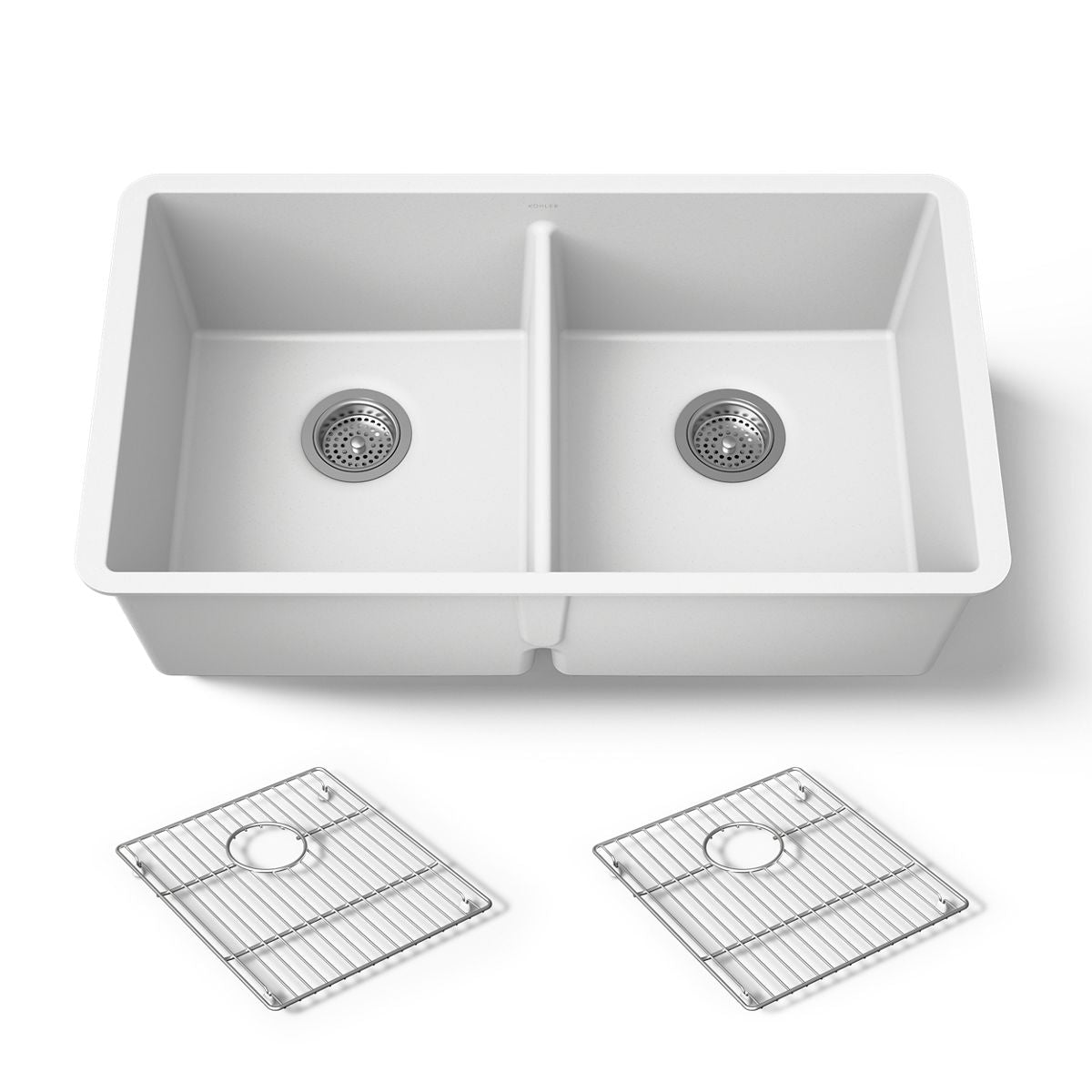 KOHLER K-36750 Billings 32-1/2" Undermount Double-bowl Kitchen Sink, Matte White - 3/4 view of product