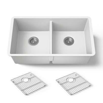 KOHLER K-36750 Billings 32-1/2" Undermount Double-bowl Kitchen Sink, Matte White - 3/4 view of product