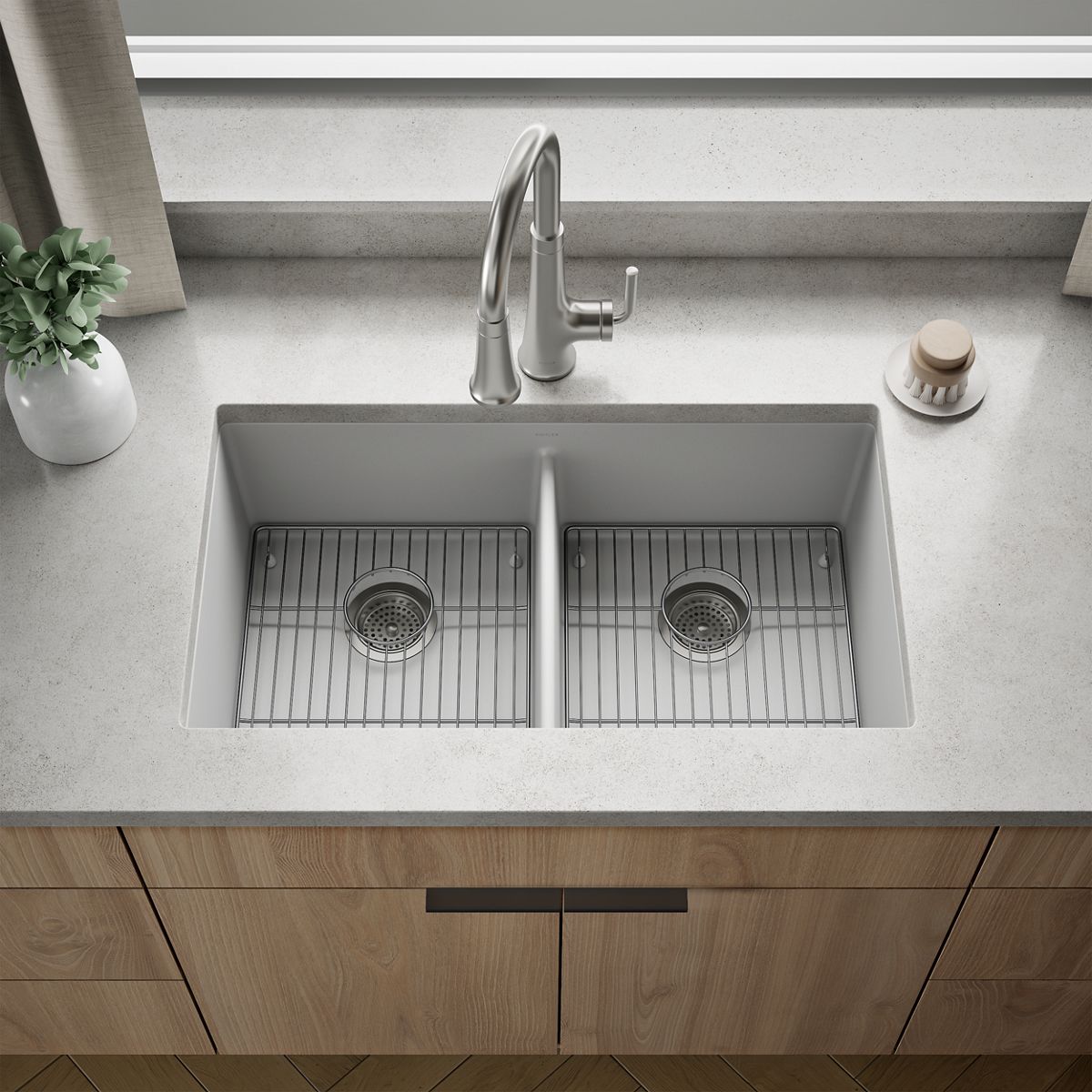 KOHLER K-36750 Billings 32-1/2" Undermount Double-bowl Kitchen Sink, Matte White - Shows close up detail of product in room
