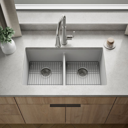 KOHLER K-36750 Billings 32-1/2" Undermount Double-bowl Kitchen Sink, Matte White - Shows close up detail of product in room