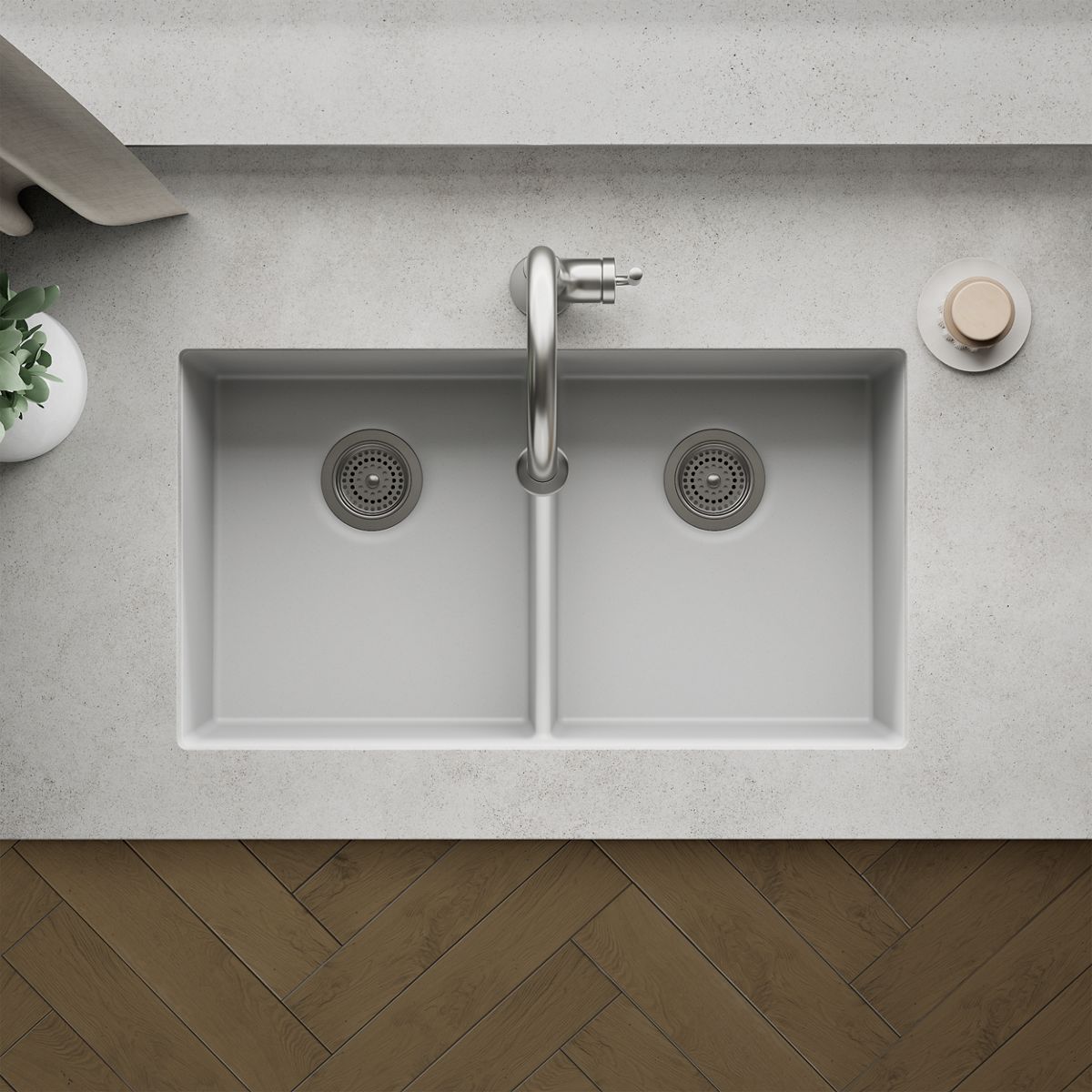 KOHLER K-36750 Billings 32-1/2" Undermount Double-bowl Kitchen Sink, Matte White - Detail image of a product feature