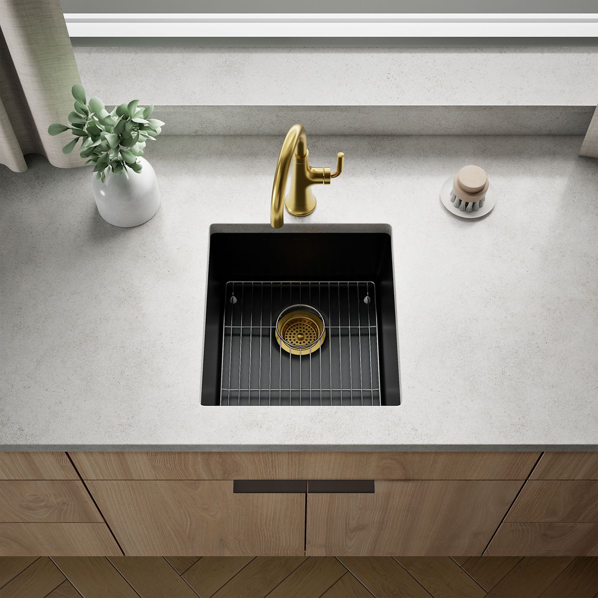 KOHLER K-36751 Billings 17-1/2" Undermount Bar Sink, Matte Black - Shows close up detail of product in room
