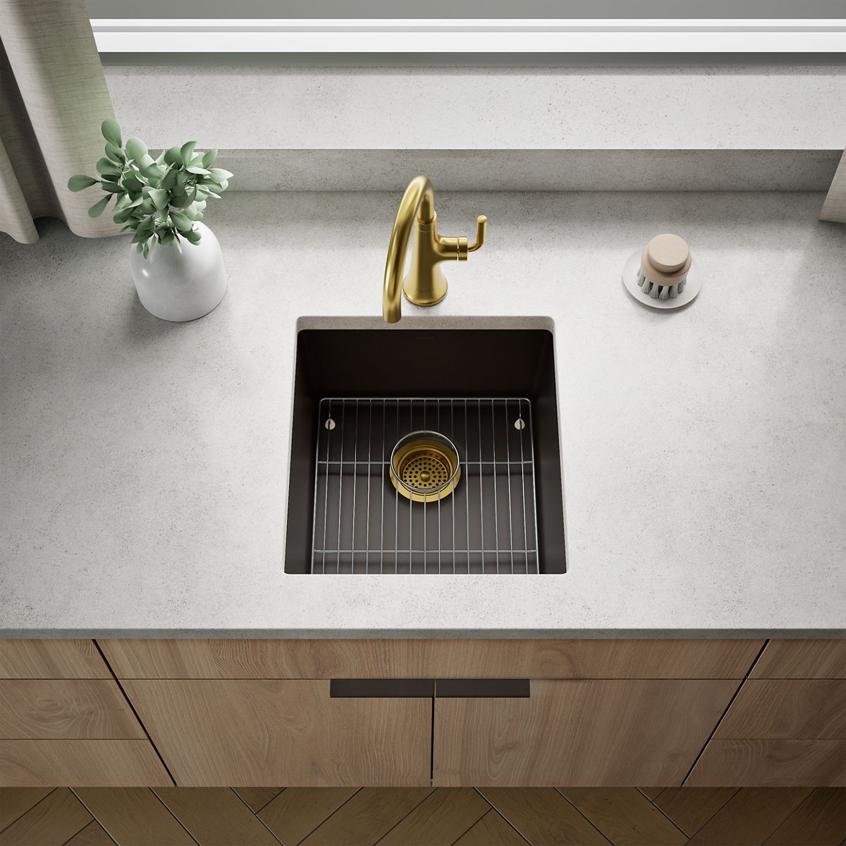 KOHLER K-36751 Billings 17-1/2" Undermount Bar Sink, Matte Brown - Shows close up detail of product in room