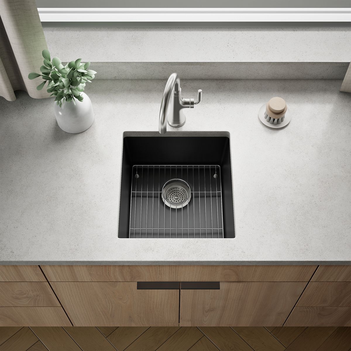 KOHLER K-36751 Billings 17-1/2" Undermount Bar Sink, Matte Graphite - Shows close up detail of product in room