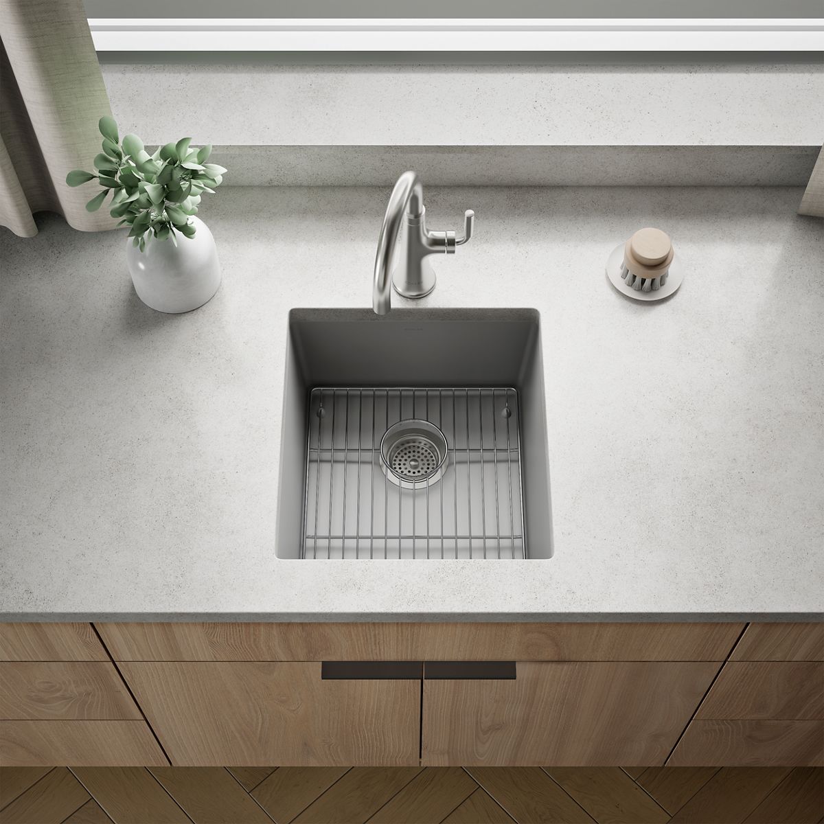 KOHLER K-36751 Billings 17-1/2" Undermount Bar Sink, Matte Grey - Shows close up detail of product in room