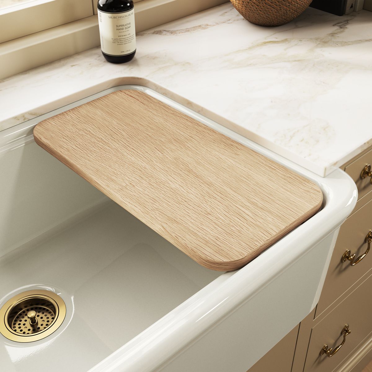 KOHLER K-36793 White Oak Cutting Board for Audrine Farmhouse Workstation Kitchen Sink - Shows close up detail of product in r