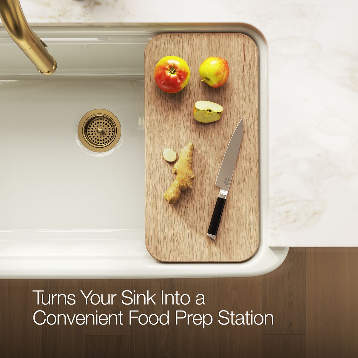 KOHLER K-36793 White Oak Cutting Board for Audrine Farmhouse Workstation Kitchen Sink - Products in use in overhead room view