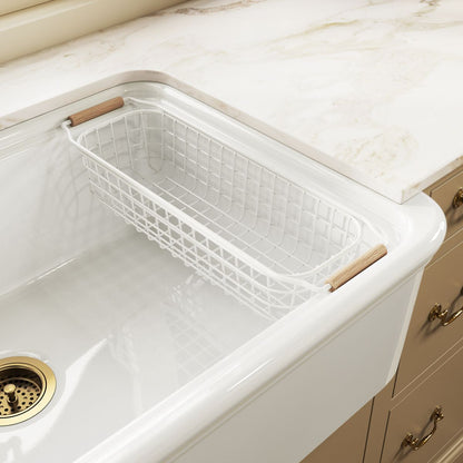 KOHLER K-36794 Wire Sink Basket for Audrine Farmhouse Kitchen Sink, Cloude White - Shows close up detail of product in room