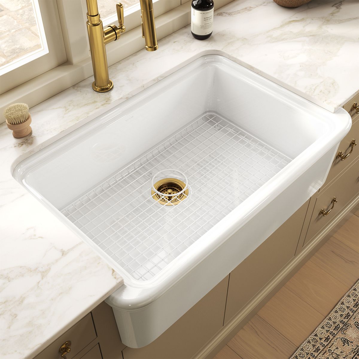KOHLER K-37648 Sink Rack for Audrine Farmhouse Kitchen Sink, Cloude White - Shows close up detail of product in room