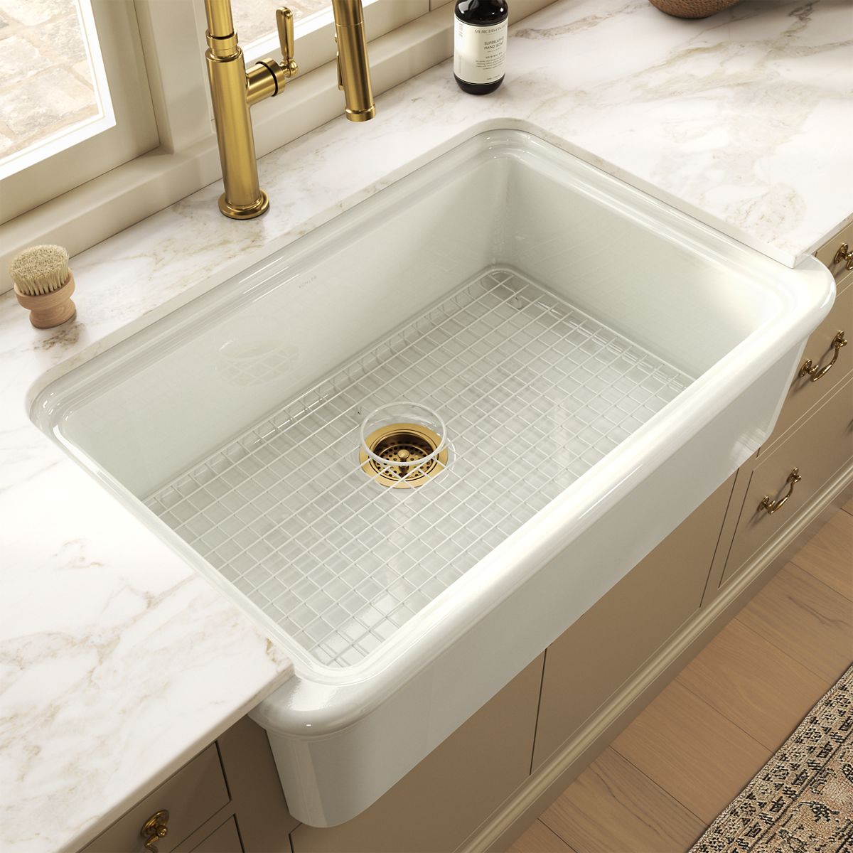 KOHLER K-37648 Sink Rack for Audrine Farmhouse Kitchen Sink, Dune - Shows close up detail of product in room