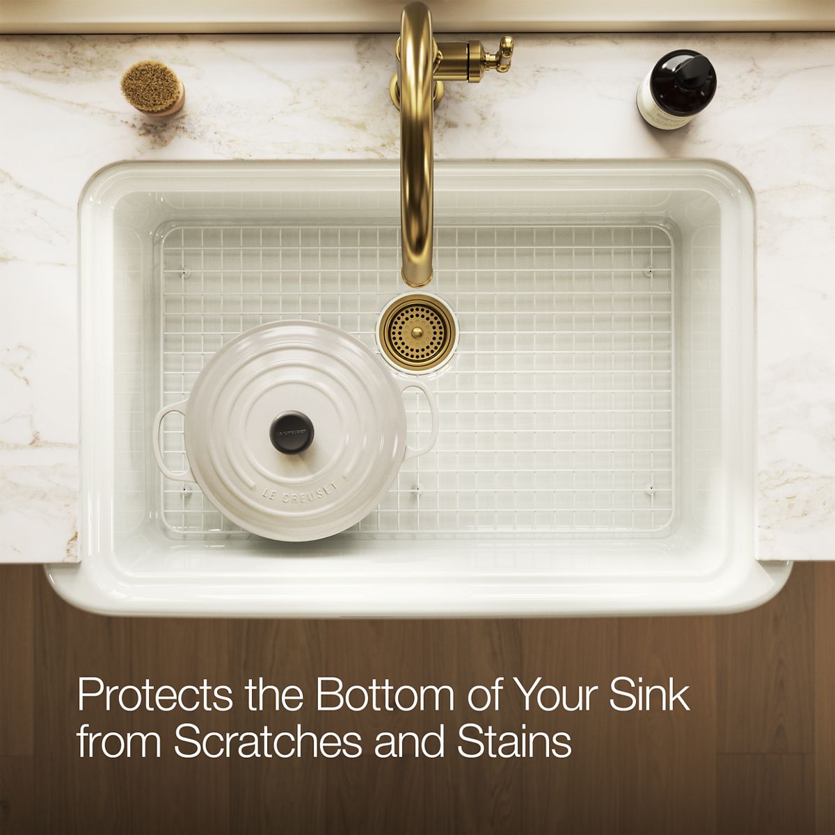 KOHLER K-37648 Sink Rack for Audrine Farmhouse Kitchen Sink, Dune - Products in use in overhead room view