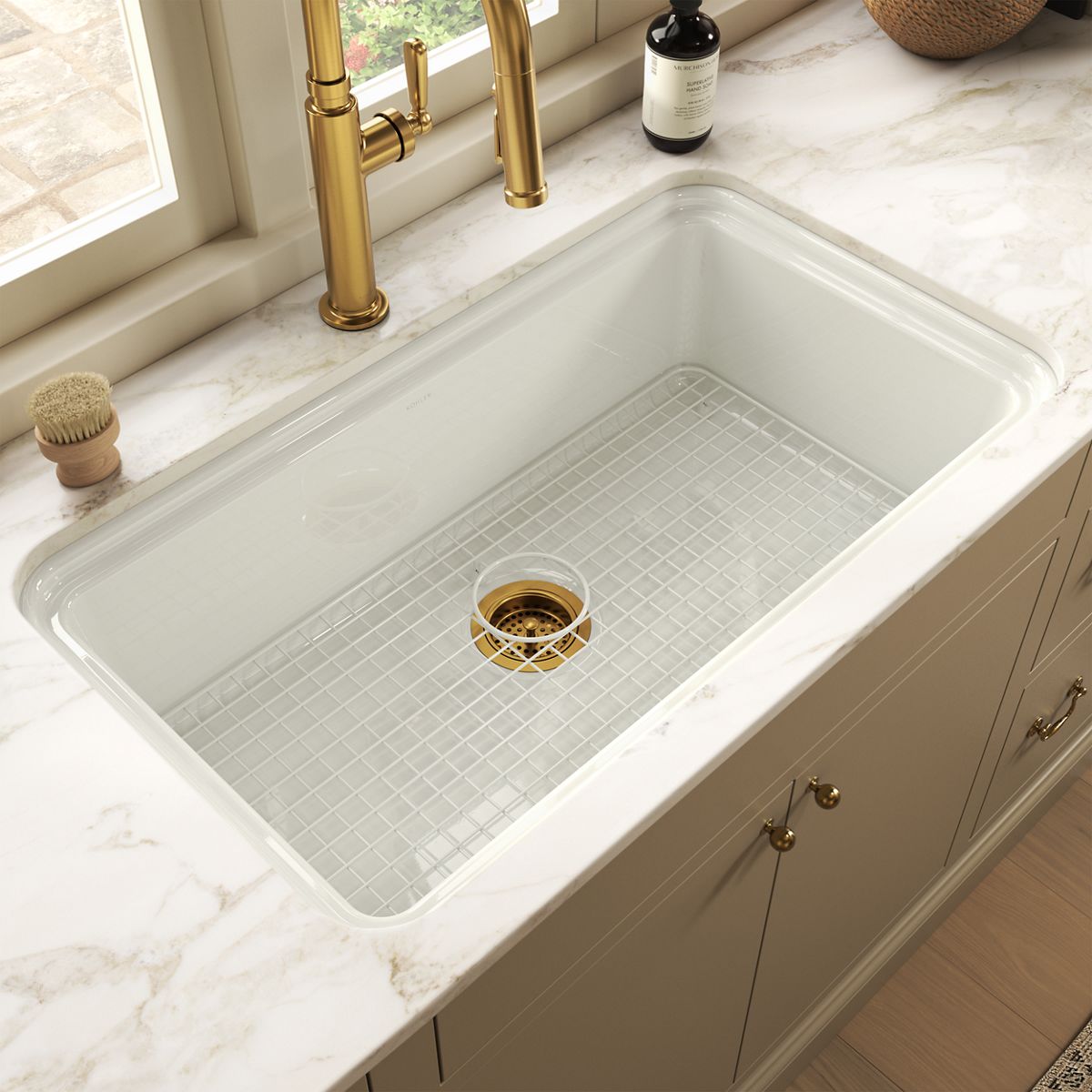 KOHLER K-37650 Sink Rack for Audrine Kitchen Sink, Dune - Shows close up detail of product in room