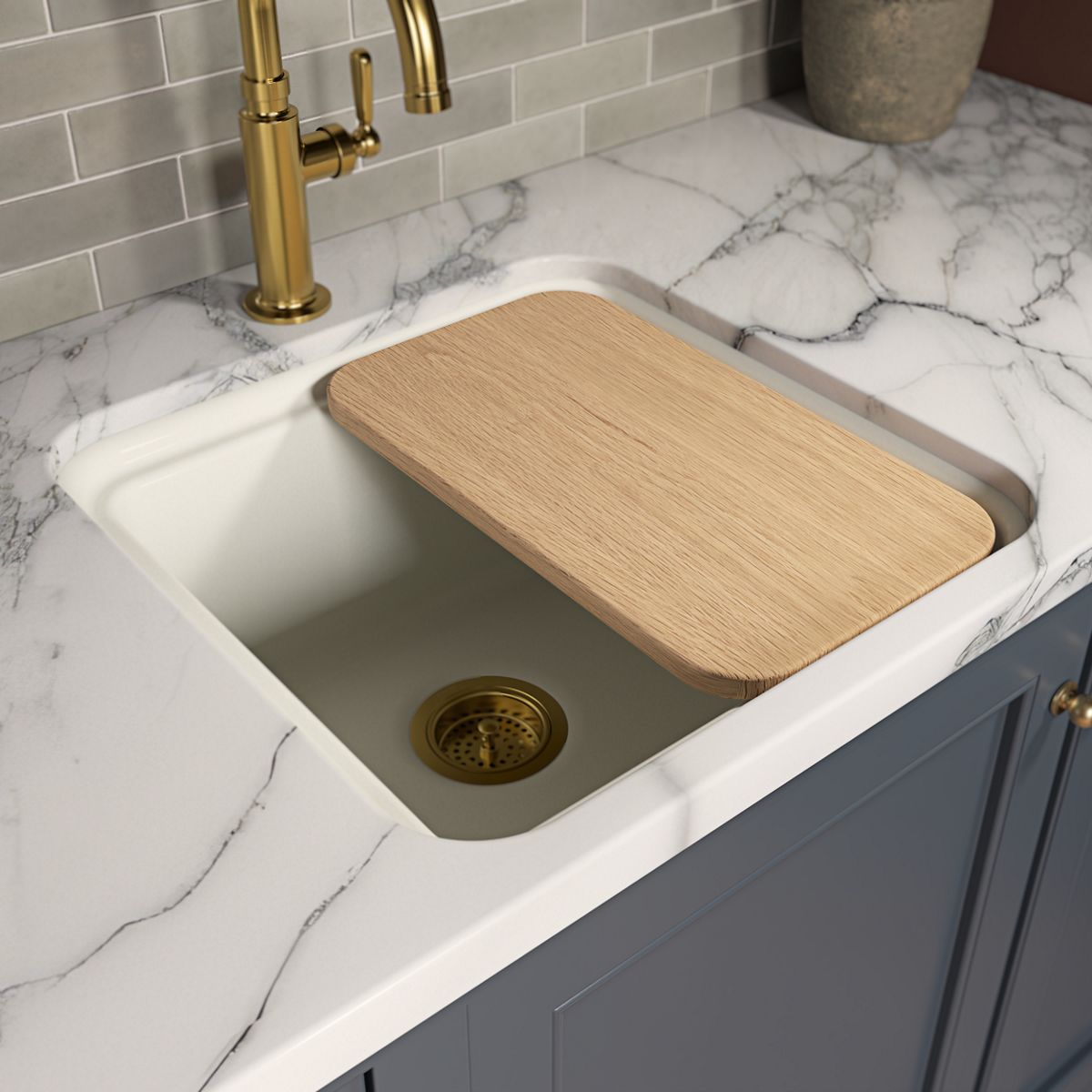 KOHLER K-37818 White Oak Cutting Board for Audrine Kitchen Sink - Shows close up detail of product in room