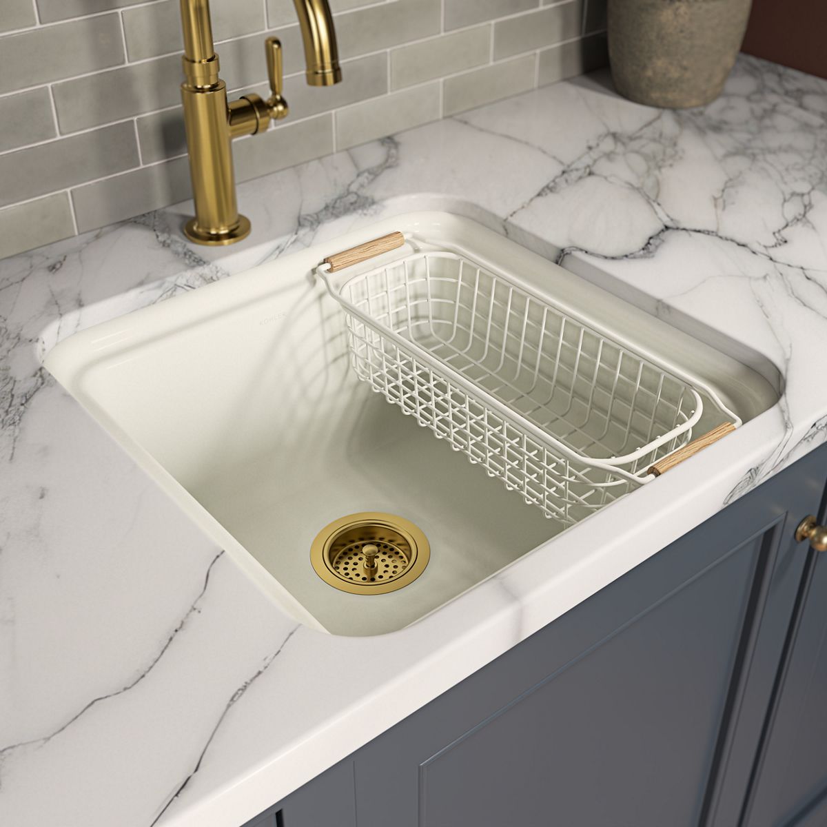 KOHLER K-37819 Wire Sink Basket for Audrine Kitchen Sink, Dune - Shows close up detail of product in room