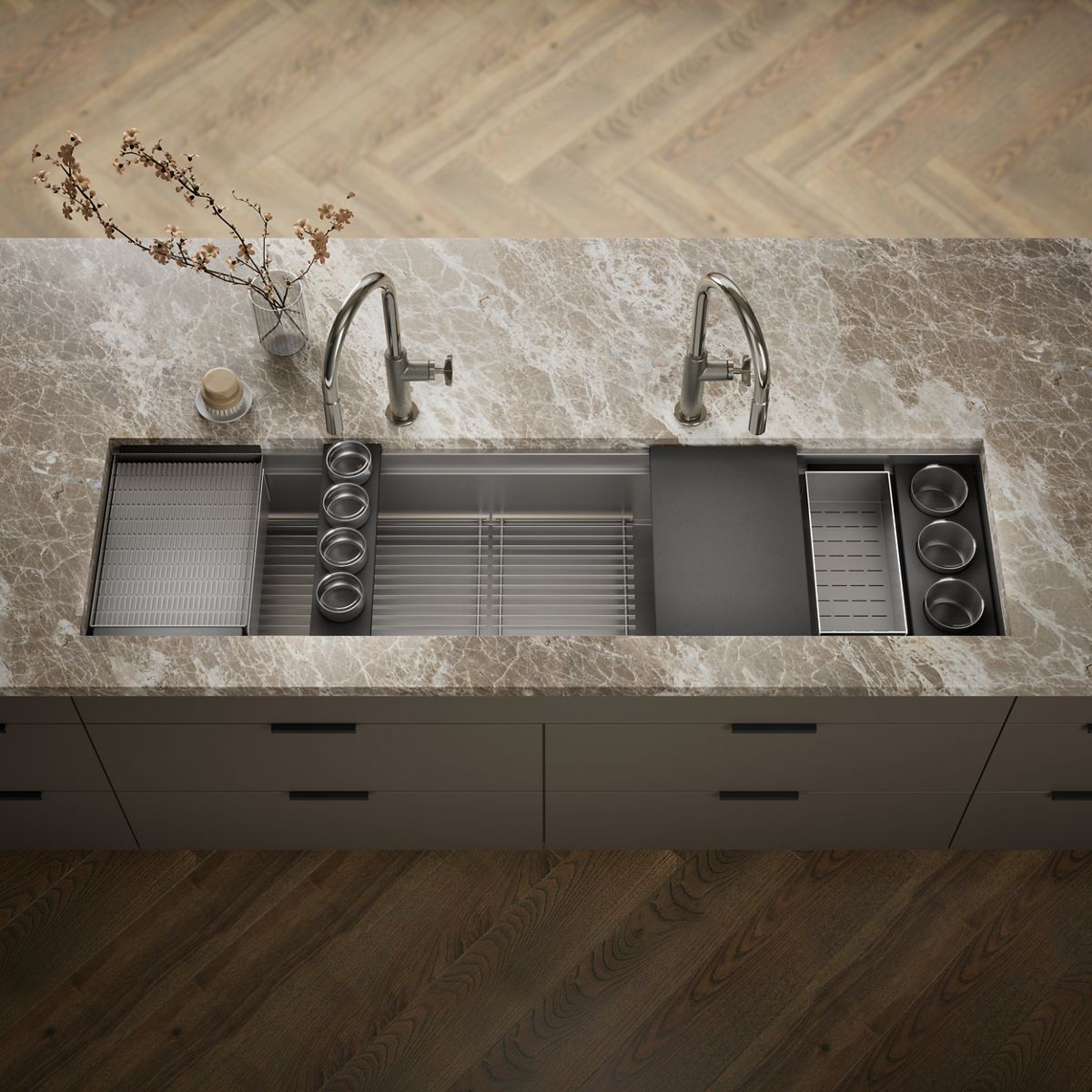 KOHLER K-37905-PAP Synthos 69-3/4" Undermount Single-bowl Workstation Kitchen Sink, Wood Composite Matte Black - Shows close 