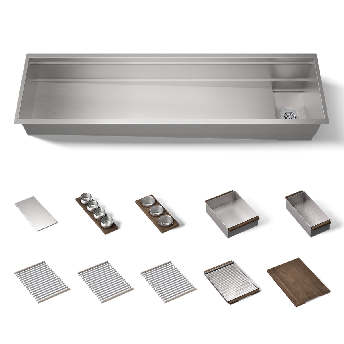 KOHLER K-37905-WAL Synthos 69-3/4" Undermount Single-bowl Workstation Kitchen Sink, Solid Wood Dark Walnut - 3/4 view of prod