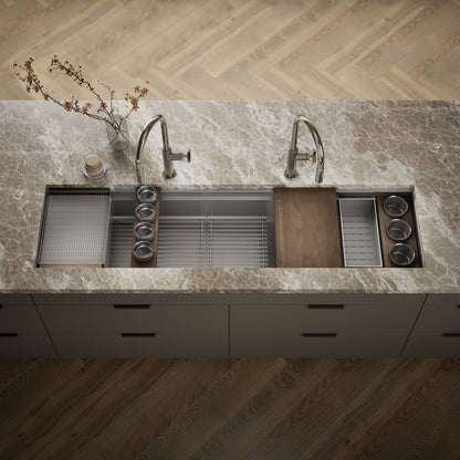 KOHLER K-37905-WAL Synthos 69-3/4" Undermount Single-bowl Workstation Kitchen Sink, Solid Wood Dark Walnut - Shows close up d