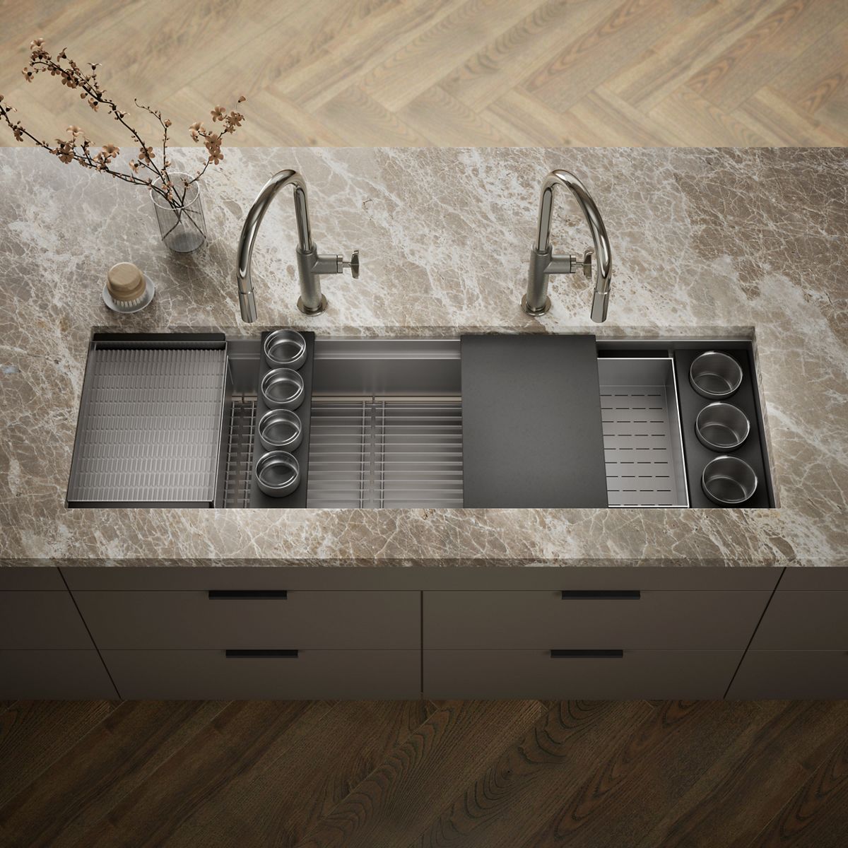 KOHLER K-37906-PAP Synthos 57-3/4" Undermount Single-bowl Workstation Kitchen Sink, Wood Composite Matte Black - Shows close 