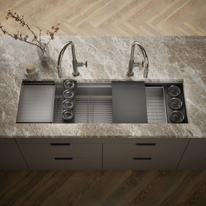 KOHLER K-37906-PAP Synthos 57-3/4" Undermount Single-bowl Workstation Kitchen Sink, Wood Composite Matte Black - Shows close 