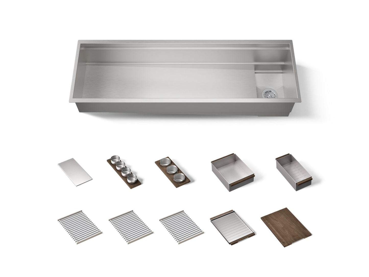 KOHLER K-37906-WAL Synthos 57-3/4" Undermount Single-bowl Workstation Kitchen Sink, Solid Wood Dark Walnut - 3/4 view of prod