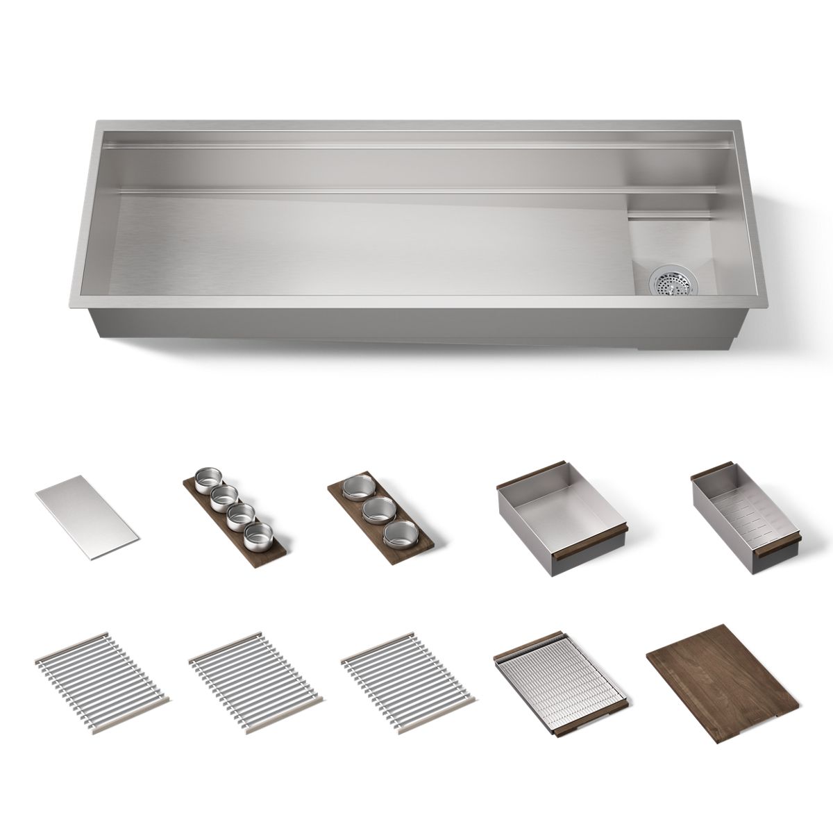 KOHLER K-37906-WAL Synthos 57-3/4" Undermount Single-bowl Workstation Kitchen Sink, Solid Wood Dark Walnut - 3/4 view of prod