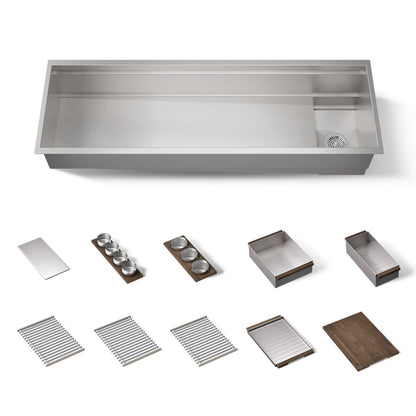 KOHLER K-37906-WAL Synthos 57-3/4" Undermount Single-bowl Workstation Kitchen Sink, Solid Wood Dark Walnut - 3/4 view of prod