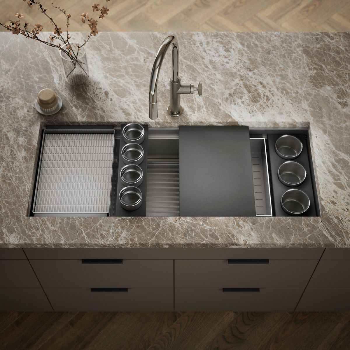 KOHLER K-37907-PAP Synthos 45-3/4" Undermount Single-bowl Workstation Kitchen Sink, Wood Composite Matte Black - Shows close 