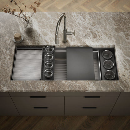 KOHLER K-37907-PAP Synthos 45-3/4" Undermount Single-bowl Workstation Kitchen Sink, Wood Composite Matte Black - Shows close 