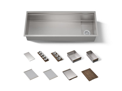 KOHLER K-37907-WAL Synthos 45-3/4" Undermount Single-bowl Workstation Kitchen Sink, Solid Wood Dark Walnut - 3/4 view of prod