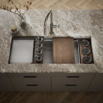 KOHLER K-37907-WAL Synthos 45-3/4" Undermount Single-bowl Workstation Kitchen Sink, Solid Wood Dark Walnut - Shows close up d