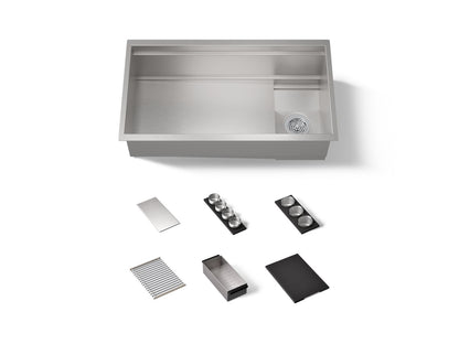 KOHLER K-37908-PAP Synthos 33-3/4" Undermount Single-bowl Workstation Kitchen Sink, Wood Composite Matte Black - 3/4 view of 