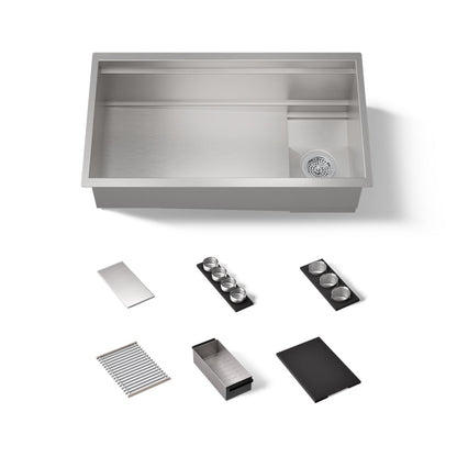 KOHLER K-37908-PAP Synthos 33-3/4" Undermount Single-bowl Workstation Kitchen Sink, Wood Composite Matte Black - 3/4 view of 
