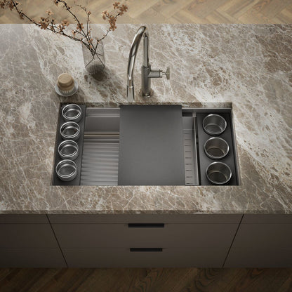 KOHLER K-37908-PAP Synthos 33-3/4" Undermount Single-bowl Workstation Kitchen Sink, Wood Composite Matte Black - Shows close 