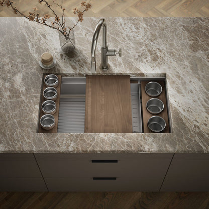 KOHLER K-37908-WAL Synthos 33-3/4" Undermount Single-bowl Workstation Kitchen Sink, Solid Wood Dark Walnut - Shows close up d