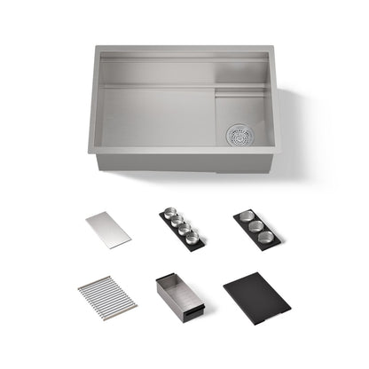 KOHLER K-37911-PAP Synthos 27-3/4" Undermount Single-bowl Workstation Kitchen Sink, Wood Composite Matte Black - 3/4 view of 