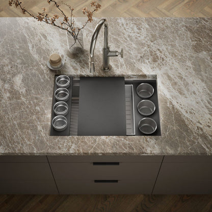 KOHLER K-37911-PAP Synthos 27-3/4" Undermount Single-bowl Workstation Kitchen Sink, Wood Composite Matte Black - Shows close 