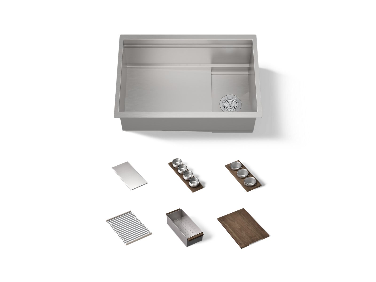 KOHLER K-37911-WAL Synthos 27-3/4" Undermount Single-bowl Workstation Kitchen Sink, Solid Wood Dark Walnut - 3/4 view of prod