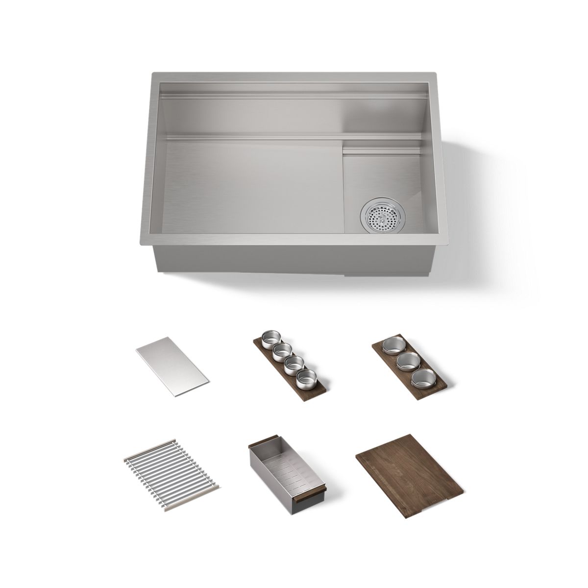 KOHLER K-37911-WAL Synthos 27-3/4" Undermount Single-bowl Workstation Kitchen Sink, Solid Wood Dark Walnut - 3/4 view of prod