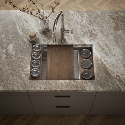 KOHLER K-37911-WAL Synthos 27-3/4" Undermount Single-bowl Workstation Kitchen Sink, Solid Wood Dark Walnut - Shows close up d
