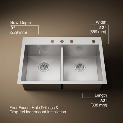 KOHLER K-3820-4 Vault 33" top-/undermount double-bowl kitchen sink