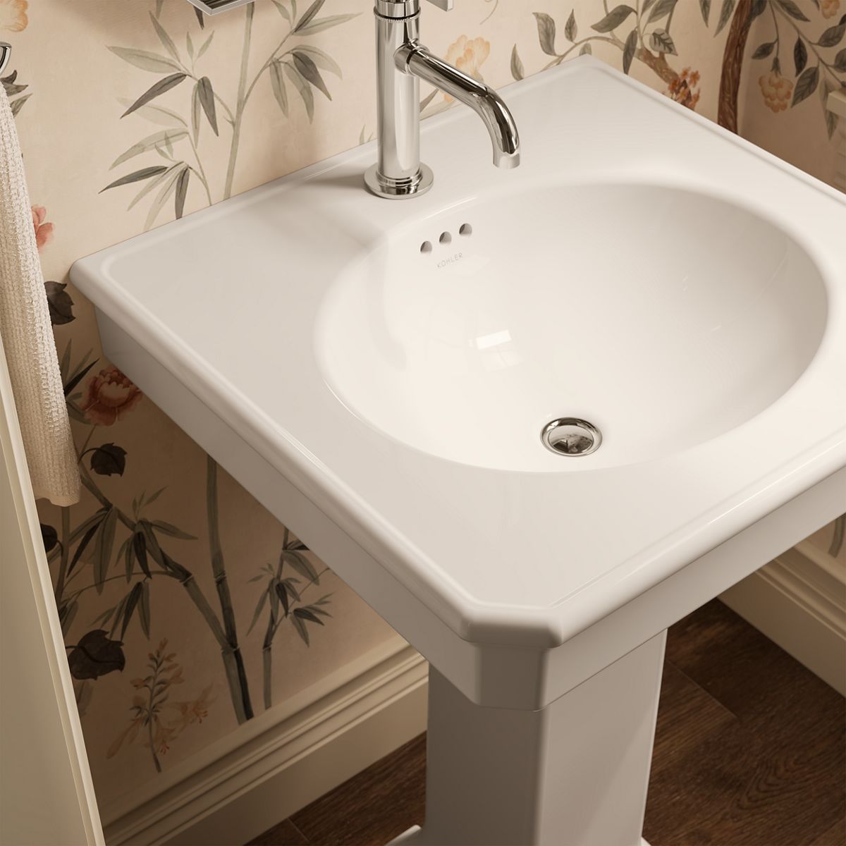 KOHLER K-38227-1 Claude 24" Rectangular Pedestal Bathroom Sink, Dune - Shows close up detail of product in room
